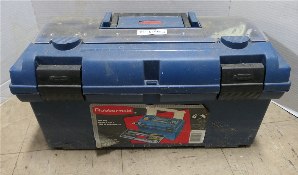 Rubbermaid Tool Box of Pluming Supplies - Pipe Bender, Hose Repair Supplies, Brass Fittings, Etc.