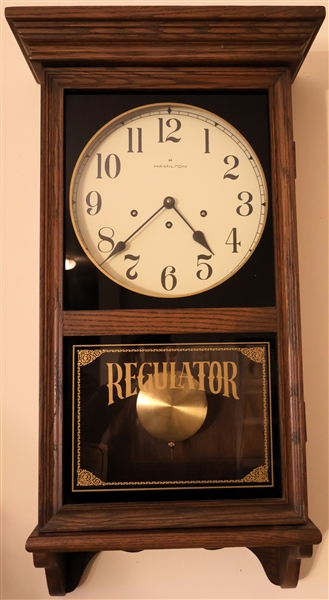 Hamilton "Regulator" Wall Clock with Key and Instructions - "Station Master" Movement - 8 Day - Oak Case - Measures 30 1/2" 14" by 6 1/2"