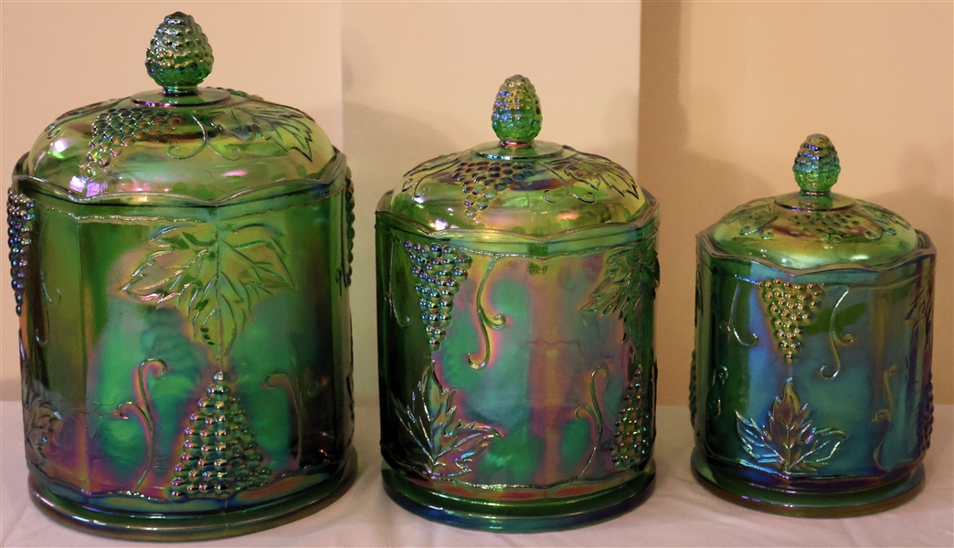 3 Piece Canister Set - Indiana Carnival Glass - Green Harvest Grape Pattern - Largest Canister Measures 9" Smallest 7"