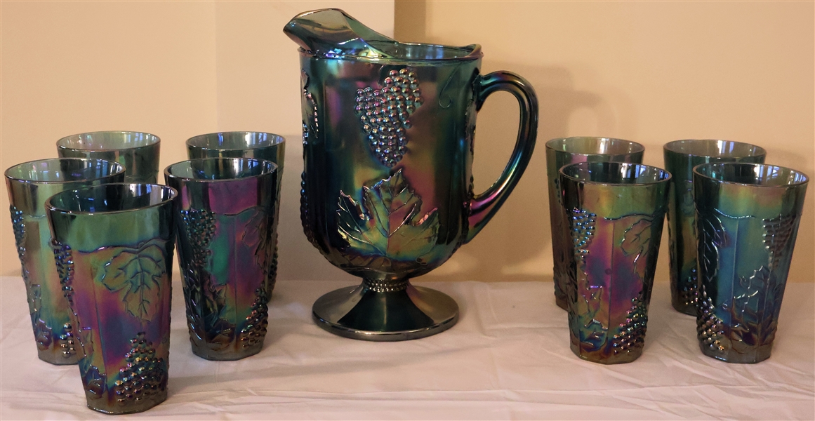 Blue Indiana Carnival Glass Harvest Grape Pitcher and 9 Glasses - Pitcher Measures 10" Tall Glasses 6"