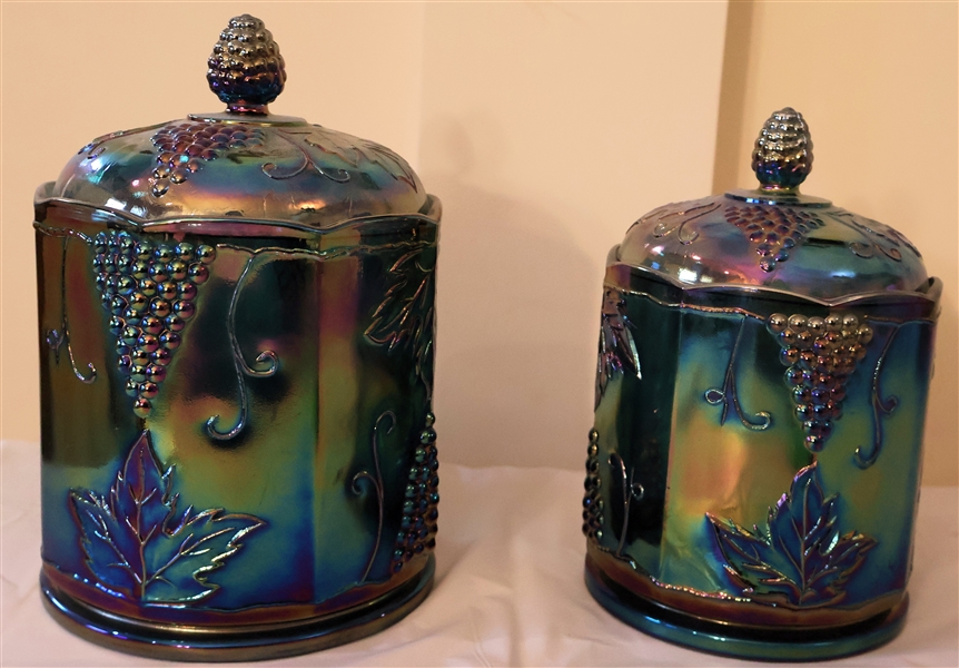 2 Blue Indiana Carnival Glass Harvest Grape Canisters - Largest Measures 9" Smaller 8"