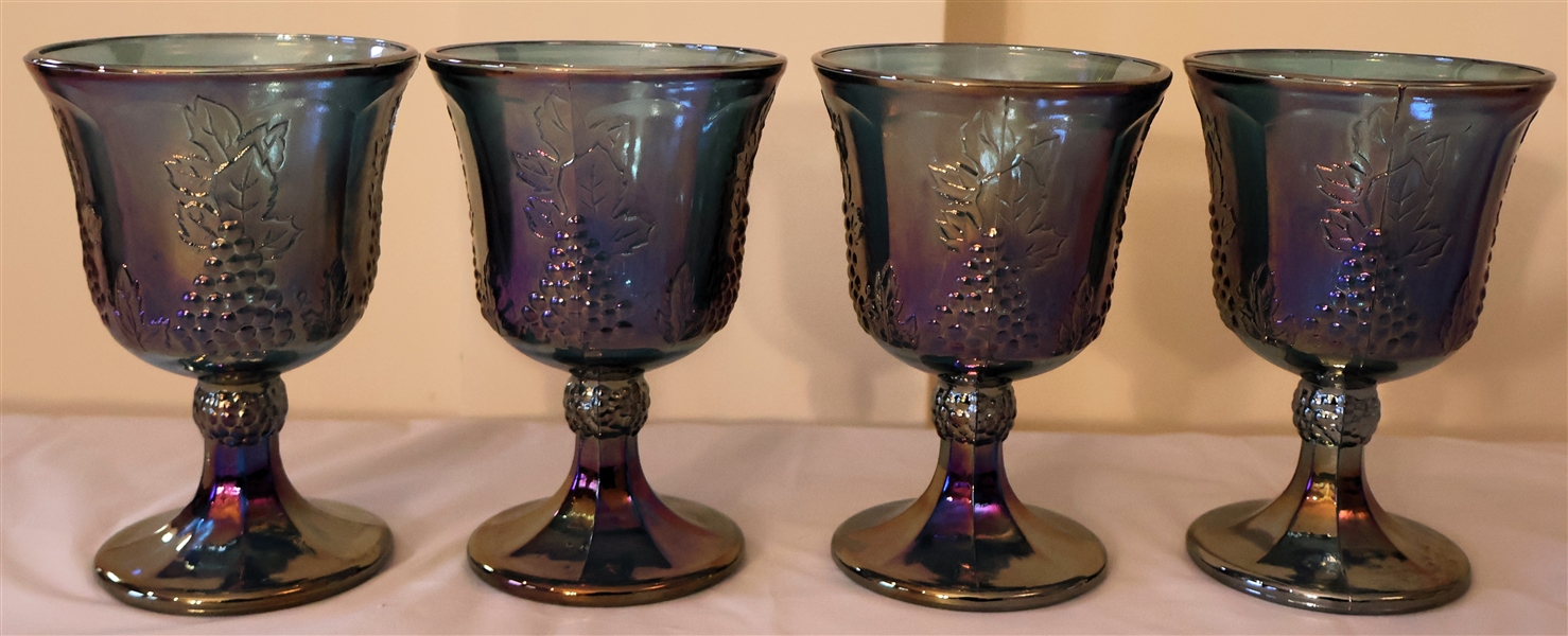 4 Blue Indiana Carnival Glass Harvest Grape Water Goblets - Measuring 5 1/2"