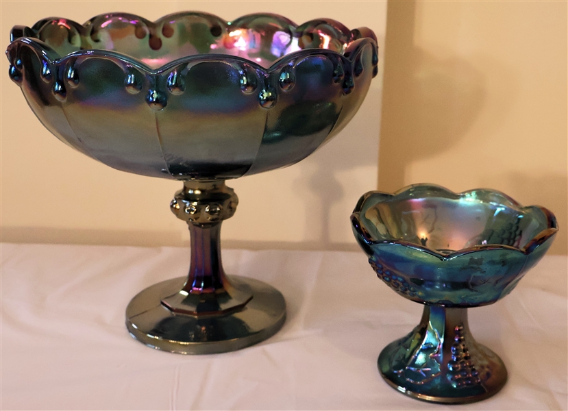 2 Pieces of Blue Indiana Carnival Glass - Footed Compote Bowl and Harvest Grape Candle Stick - Bowl Measures 7 1/2" tall 8 1/4" Across