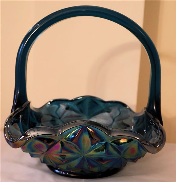 Blue Indiana Carnival Glass Basket - Measures 7" tall 6" by 6" 