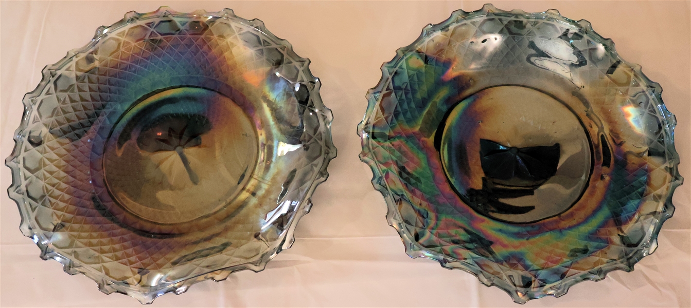 2 Blue Indiana Carnival Glass Diamond Point Plates - Measuring -10" Across