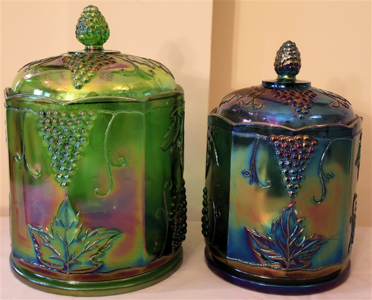 2 Indiana Carnival Glass Harvest Grape Canisters - Green 9" and Blue 8"