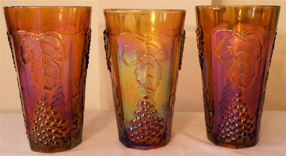 3 Orange Indiana Carnival Glass Harvest Grape Glasses - Measuring 6" Tall 