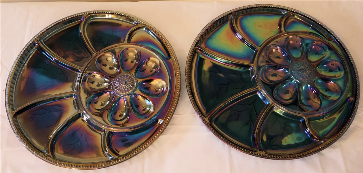 2 Indiana Carnival Glass Egg / Hors doeuvres Plates - Blue Carnival - Each Plate Measures 13" Across