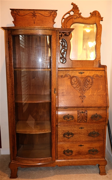 Beautiful Late 1800s Oak Side by Side Secretary - Bowed Glass Door - 3 Adjustable Oak Shelves - Carved Drop Front Desk Over 3 Drawers - Beveled Mirror - Locking Doors and Drawers with Key- ...