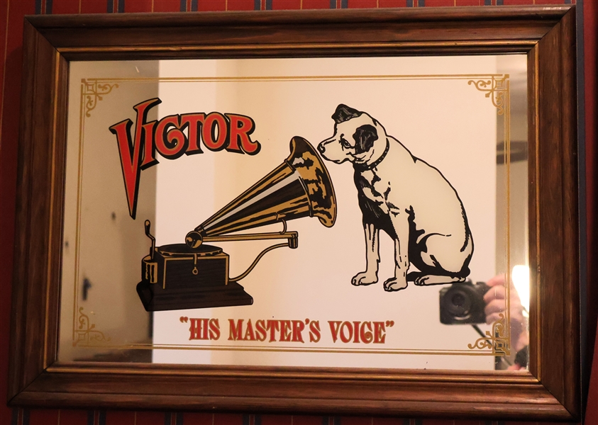 Victor "His Masters Voice" Mirrored Sign - Framed - Sign Measures 15" by 21 1/2"