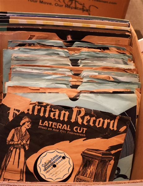 Box of 78 Records including Silvertone, Blue Bird, Victor, Columbia, Majestic, Decca, RCA Victor, Capitol, Okeh with Indian on Label, Puritan, and Home Recording 
