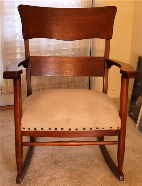 Oak Rocking Chair - Nail Head Trim Around Upholstered Seat 