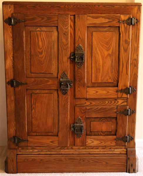 Nice Oak Ice Box - Paneled Sides - 3 Doors with Ornate Hardware - Metal Lining - Measures 48" Tall 38" by 19"  - NO CONTENTS 