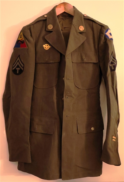 WWII Uniform Belonging to Donald Goodman 11th Armored Division "Thunderbolt" -  Co. "A" 22nd Tank - with Patches (Thunderbolt and Tank), Stripes, and Pins - Jacket and Pants - Uniform is in Good...