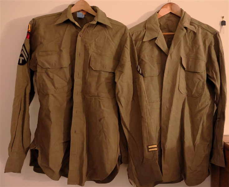 2 - WWII Uniform Shirts Belonging to Donald Goodman 11th Armored Division "Thunderbolt" -  Co. "A" 22nd Tank - One with Thunderbolt and Tank Patches and Stripes Other Plain 
