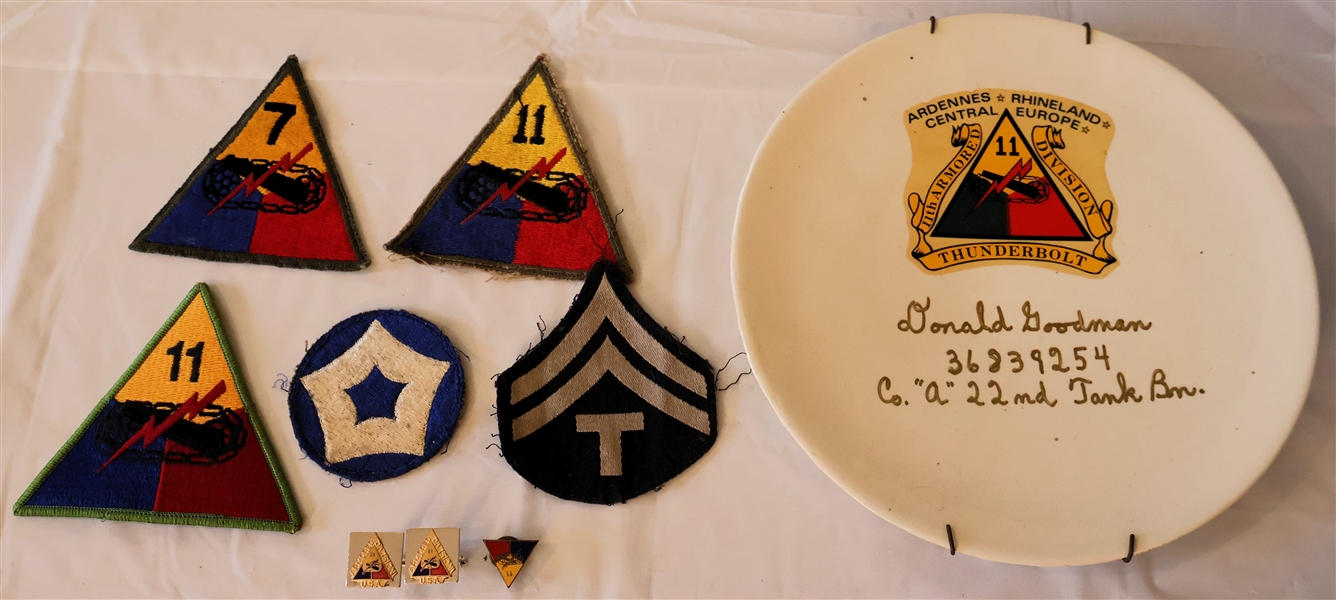 Donald Goodman 11th Armored Division Thunderbolt Co. A 22nd Tank Commemorative Plate, 5 Patches, Cufflinks, and Pin - Cufflinks and Pin Also  Have 11th Armored Division Insignia