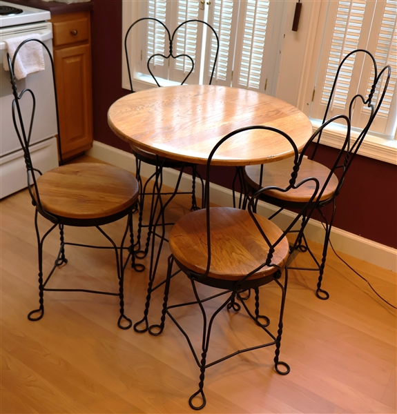 Oak Top Ice Cream Parlor Style Table and 4 Chairs - Metal Frames with Heart Seat Backs - Table Measures 30" tall 27 1/2" across