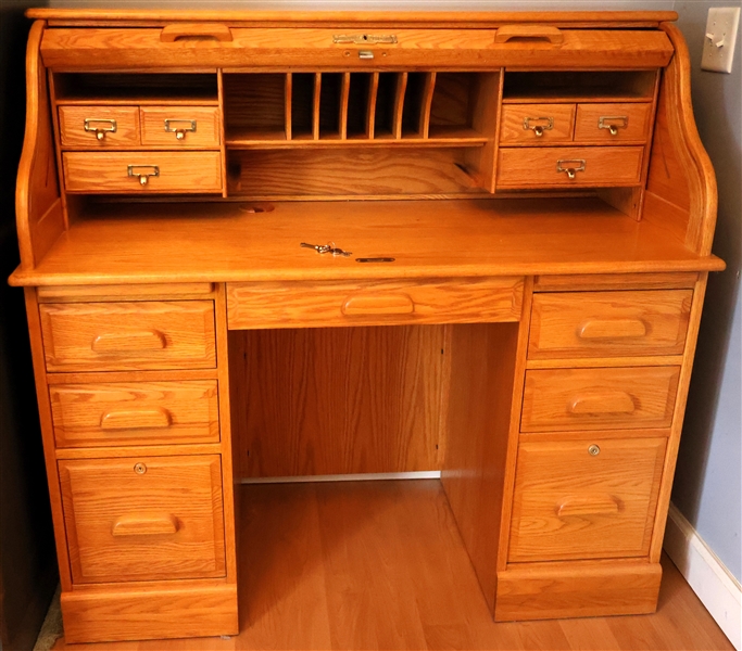 Oak Winners Only "S" Roll Top Desk - Paneled Sides - 2 Locking File Drawers - Divided Interior Compartments - Desk Measures 45" tall 48" by 23"