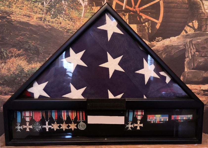 American Flag in Display Case - Medals Are Picture Example Only - Flag is Real 