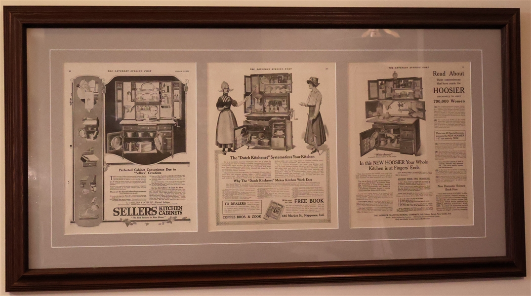 Nicely Framed and Matted Sellers Kitchen Cabinets Advertisements - 3 Ads From The Saturday Evening Post - One Dated 1920 - Frame Measures 22 1/2" by 42 1/2"