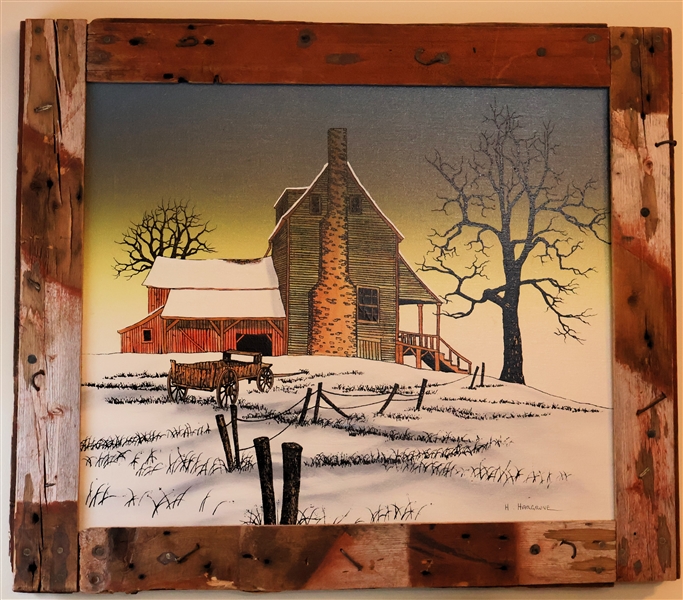 H. Hargrove Oil on Canvas Painting of a House, Barn, and Wagon - Framed In Rustic Reclaimed Wood Frame - Measures 25" by 29" 