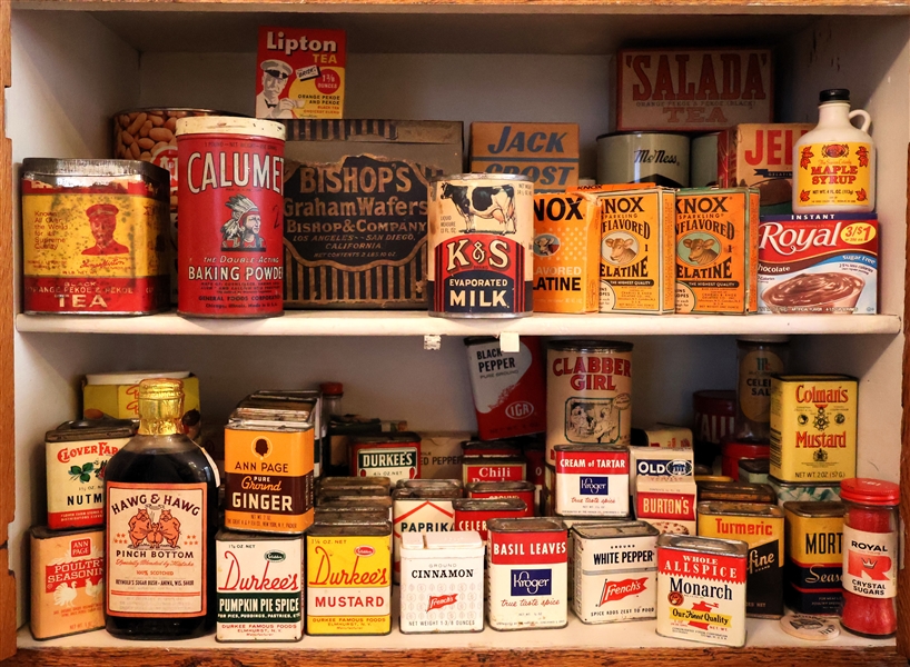 Collection of Old Tins and Boxes including Jell-o, K&S Evaporated Milk, Knox Gelatine, Spices, Hog & Hog Pinch Bottom Scotched Reynolds Sugar Bush, Monarch All Spice, Jack Frost Cane Sugar, Calumet...