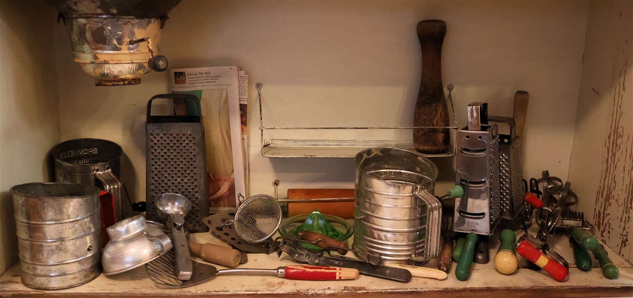 Collection of Vintage Kitchen Utensils - Wood Handled Utensils, Sifters, Green Juicer, Grater, Rolling Pin, and Muddler