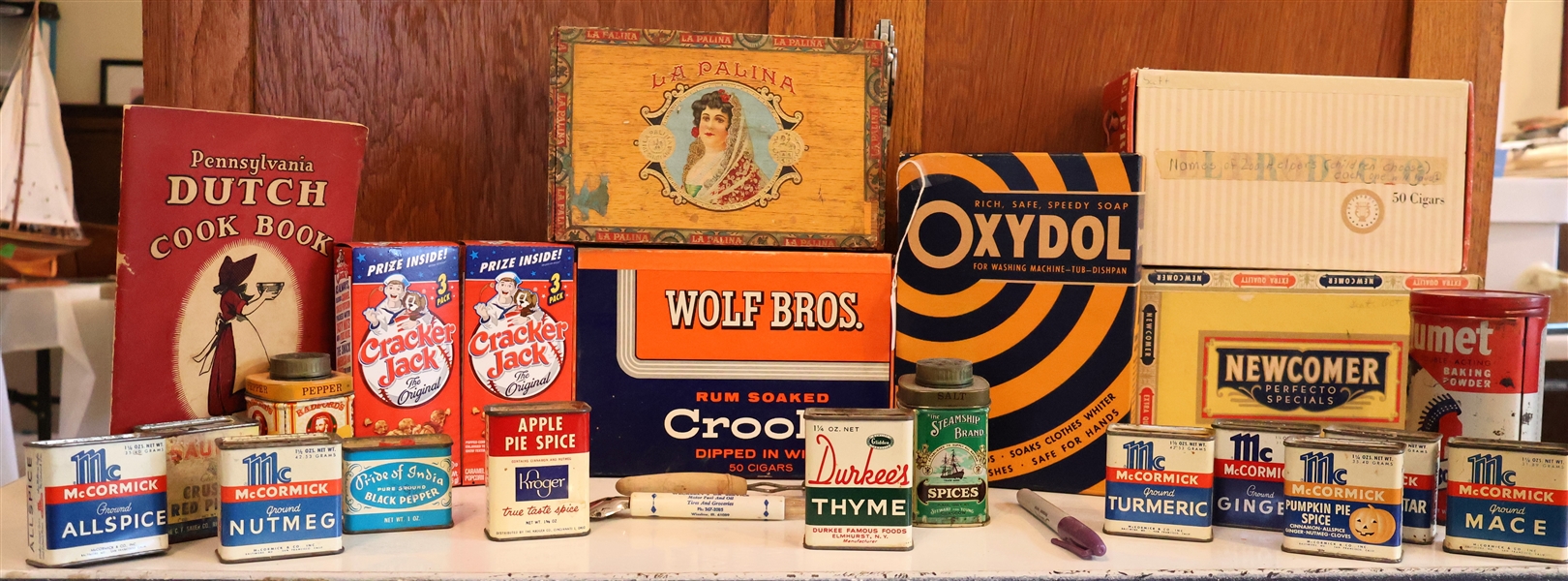 Collection of Vintage Kitchen Items and Tins - Spice Tins, Cook Book, Oxydol Soap Box, Cigar Boxes, Wolf Bros. Rum Soaked Crooks, Opener, Etc. 