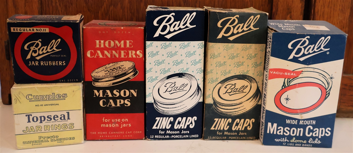 6 New Old Stock Boxes of Jar Lids - Ball Zinc Caps, Ball Wide Mouth Mason Caps, Home Canners Mason Caps, Topseal Jar Rings, and Other Rings