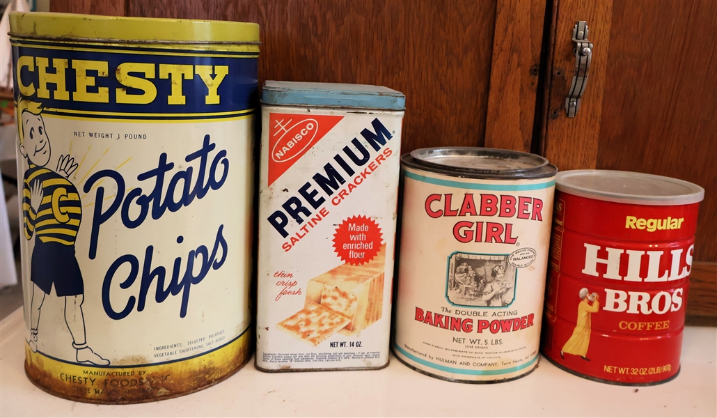 4 Vintage Tins - Chester Potato Chips, Premium Saltine Crackers, Clabber Girl Baking Powder, and Hill Bros Coffee