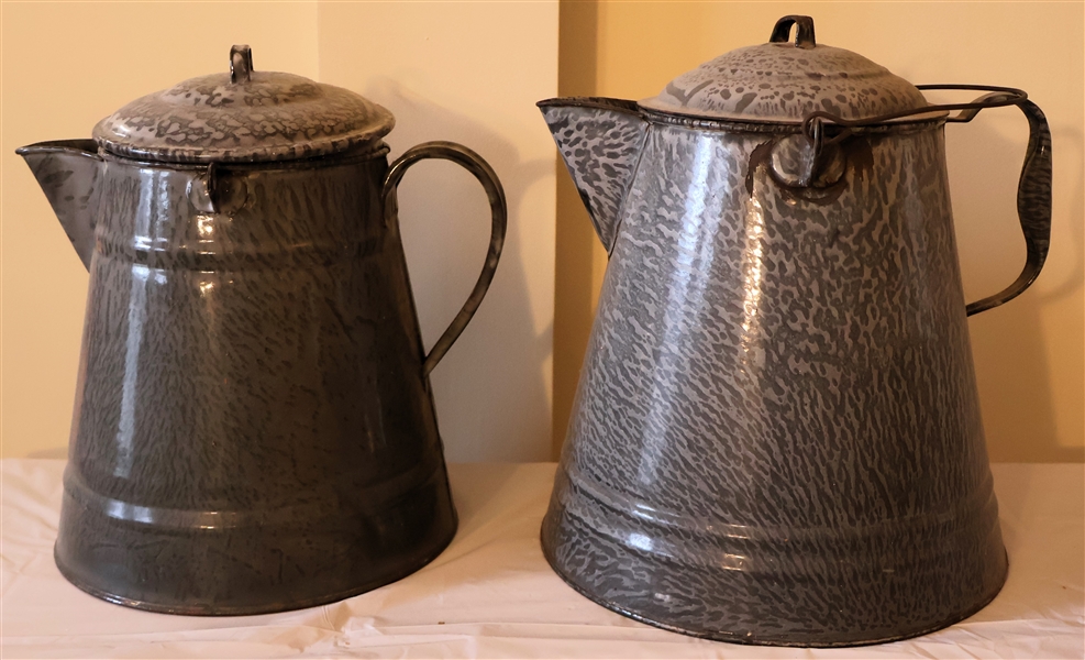 2 Large Gray Enamel Tea Kettles - Largest Texas Tea Pot Measures 12". Smaller 10" is Missing Handle