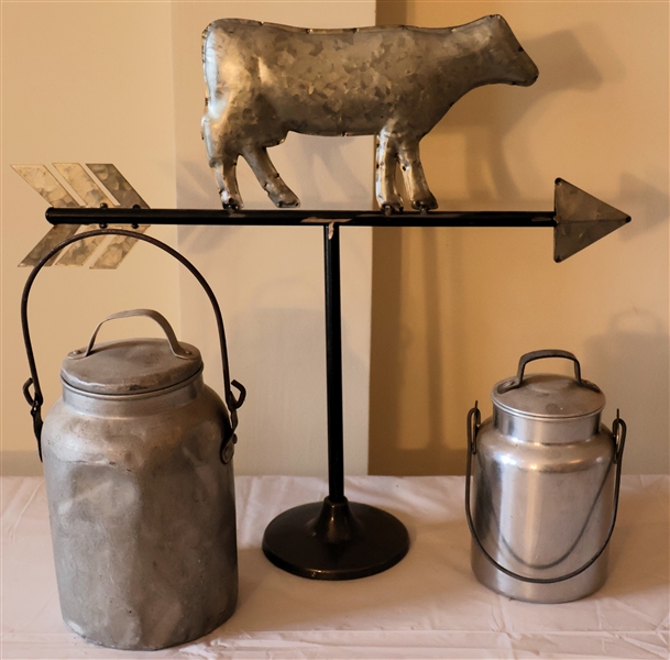 Modern Cow Weathervane Décor Piece and 2 Metal Cream Cans - 
