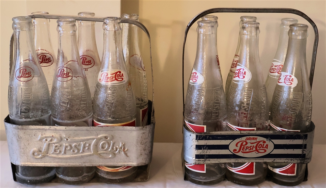 2 Metal Pepsi Cola 6 Pack Drink Carriers -One Double Dot and Other with Red and Blue Graphics - Both Full of Glass Pepsi Cola Bottles 