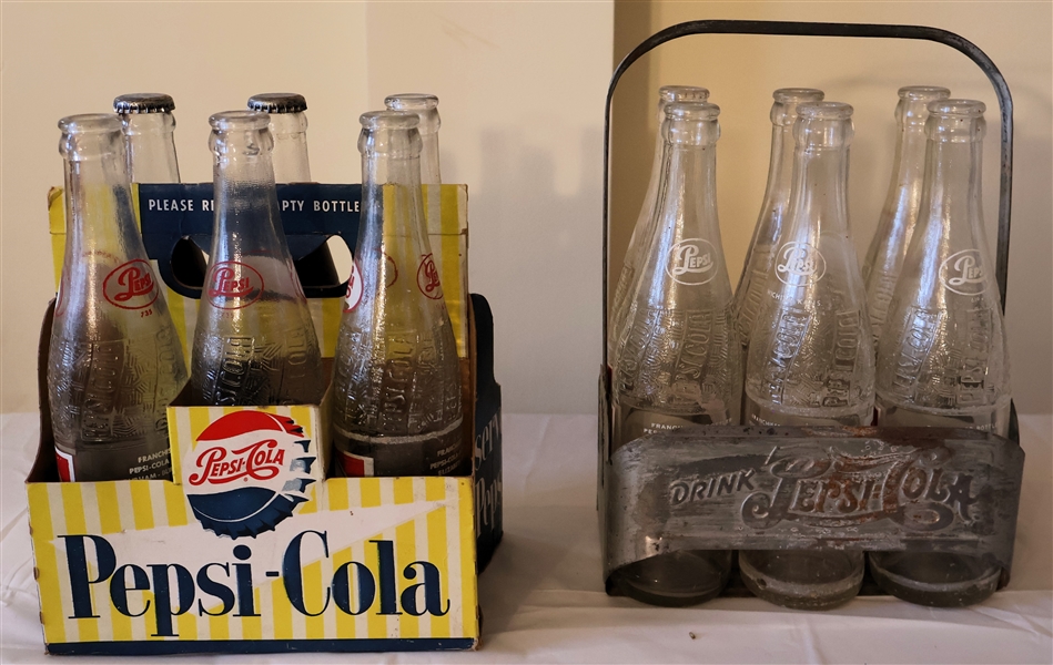 Drink Pepsi Cola Double Dot 6 Pack Drink Carrier and Paper Pepsi Cola "Be Sociable - Serve Pepsi" 6 Pack Drink Carrier - Both Full of Glass Pepsi Bottles - 2 Are Unopened 