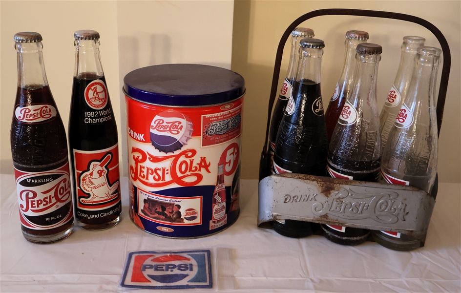 Drink Pepsi Cola Double Dot 6 Pack Drink Carrier Full of Bottles, Pepsi Patch, Pepsi Tin, and Unopened Pepsi and Coke Bottles 