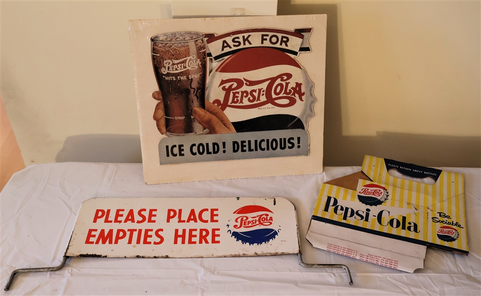 Metal Pepsi Cola "Place Empties Here" Sign, Paperboard Pepsi Cola "Be Sociable" 6 Pack Carrier, and Cardboard "Ask For Pepsi Cola" Sign Measuring 9" by 11"