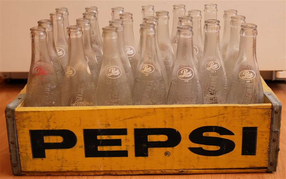 Yellow Wood Pepsi Cola Crate with 29 Glass Pepsi Cola Bottles