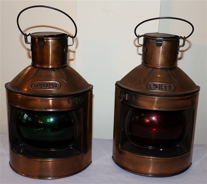 2 Copper Ship Lanterns with Red and Green Glass Globes - Marked Port and Starboard - Measuring 9 1/2" Tall 