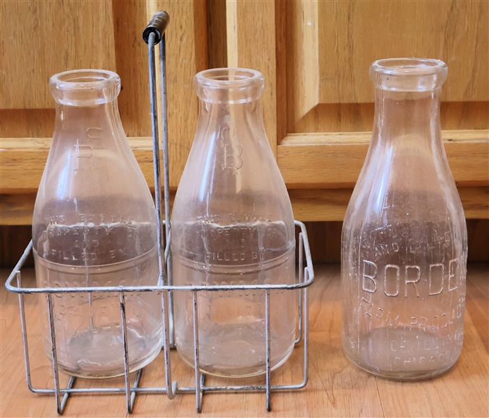Metal Milk Bottle Carrier and 3 Milk Bottles - Bordens Dairy and 2 Bowmans Dairy