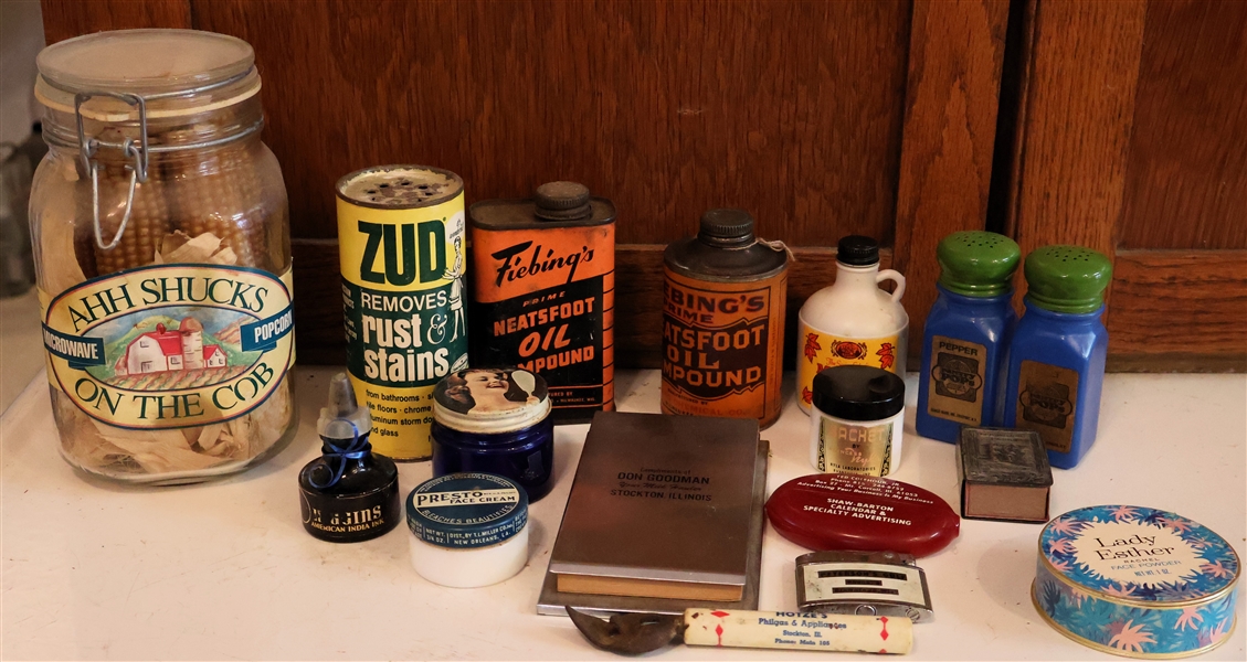 Advertising Lot including Zud Stain Remover, Fiebings Neatsfoot Oil, Dan Goodman - Your Milk Hauler, Maple Syrup, Yellowstone Park Match Holder, Presto Face Cream, India Ink, and Ahh Shucks Corn 