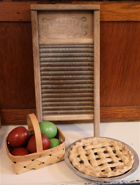 Basket of Wood Apples, Cusy No .16 Washboard, and Faux Blueberry Pie in Pie Tin