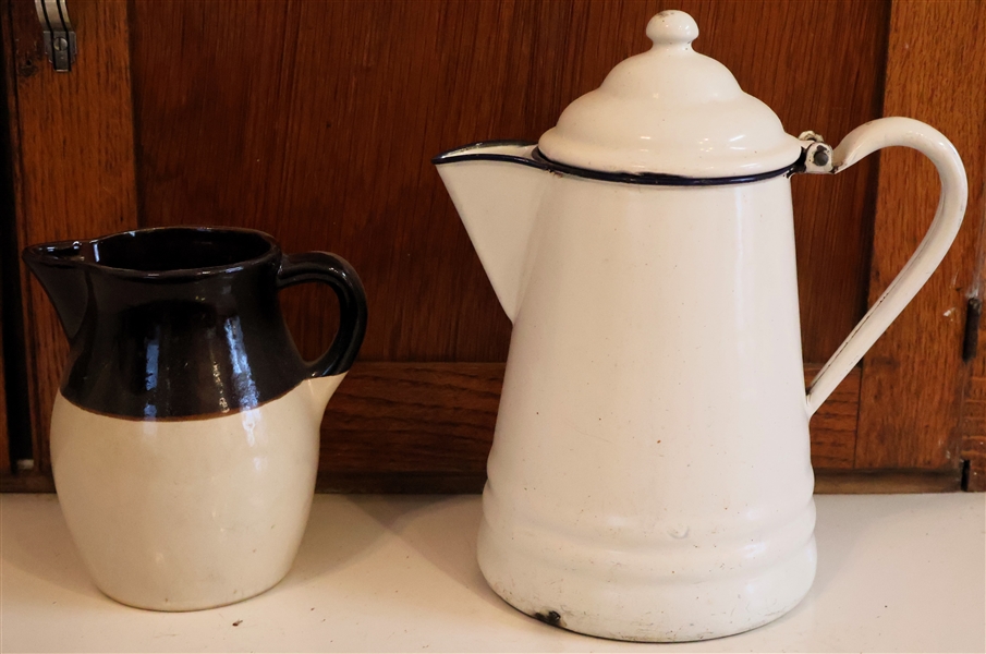 White Enamel Kettle and Brown and White Stoneware Pitcher - Pitcher Measures 6" Tall 