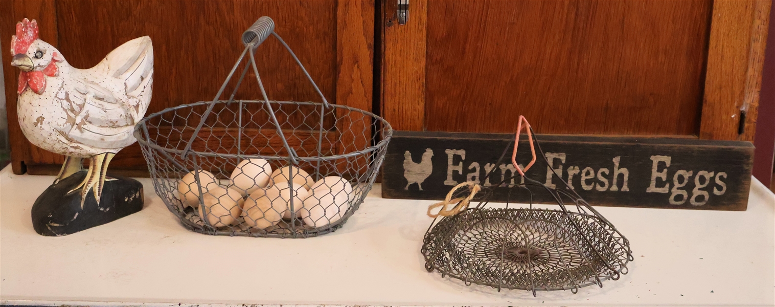 2 Wire Egg Baskets, Wood Carved Chicken, Ceramic Eggs, and "Farm Fresh Eggs" Modern Wood Sign - Chicken Measures 10" Tall 