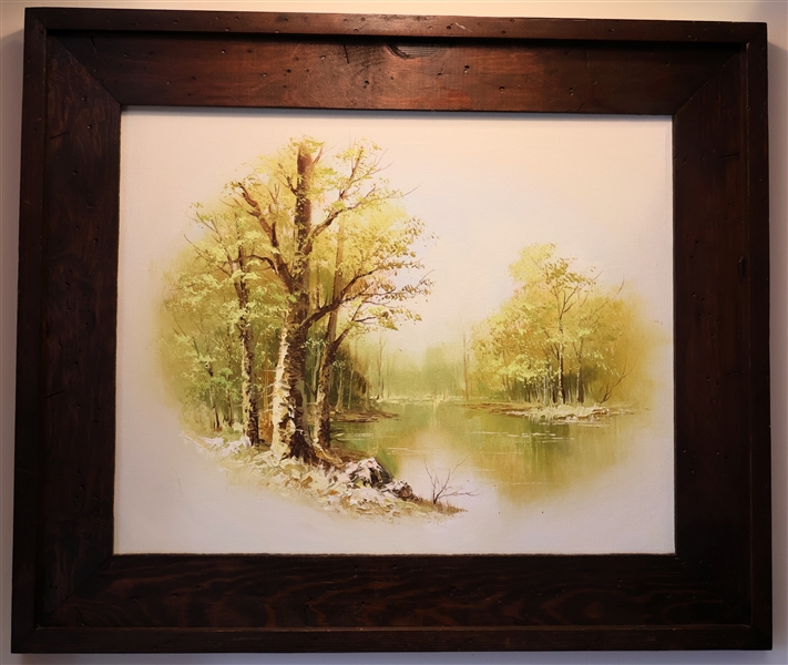 Oil on Canvas Painting of Trees and Water in Rustic Reclaimed Wood Frame - Frame Measures 22" by 26"
