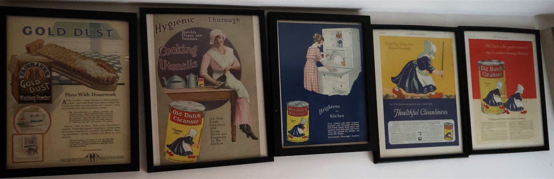 5 - Framed Advertisements for Gold Dust and Old Dutch Cleaning Products - Each Frame Measures 14" by 12" 
