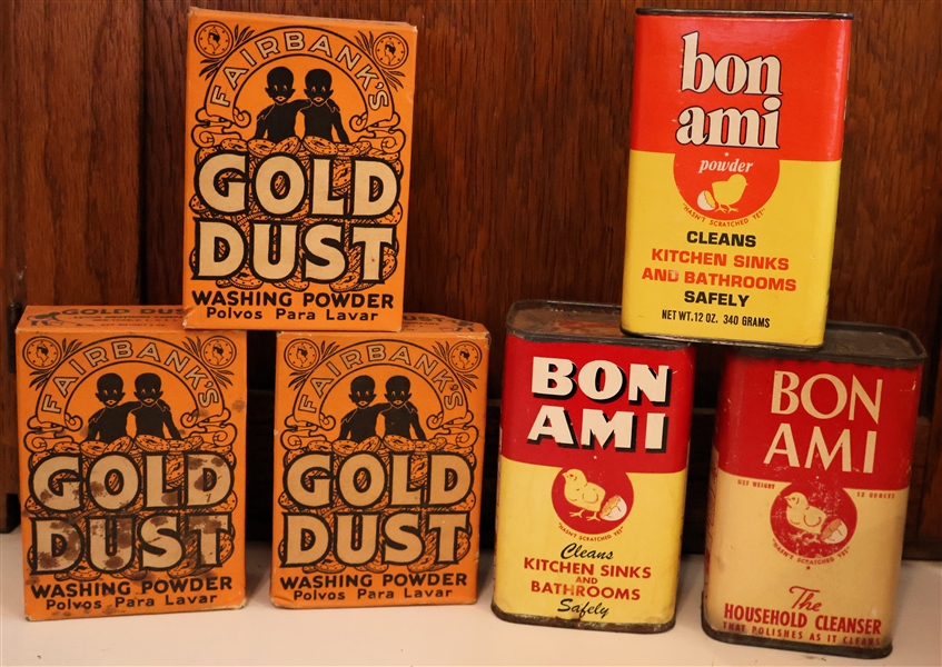 New Old Stock Cleaning Powders - 3 Fairbanks Gold Dust Washing Powders and 3 Bon Ami Household Cleaners - Full Boxes