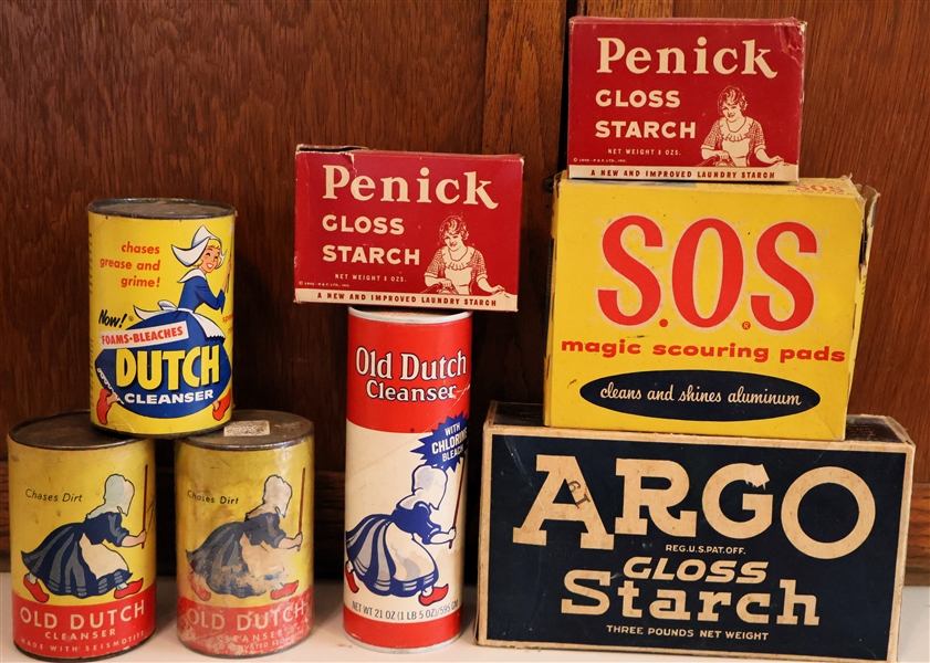 New Old Stock Cleaning Powders - Old Dutch Cleanser, Penick Gloss Starch, S.O.S. Scouring Pads, and Argo Gloss Starch - Full Boxes