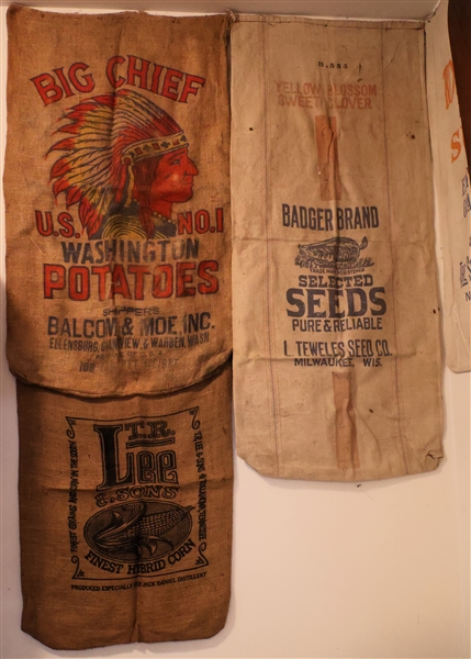 3 Sacks - Burlap "Big Chief" Potatoes, Burlap "T.R. Lee & Sons" Corn, and "Badger Brand Seeds" Yellow Blossom Sweet Clover