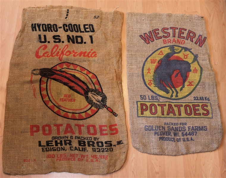 2 Burlap Sacks - "Western Brand" Potatoes and "California" Potatoes