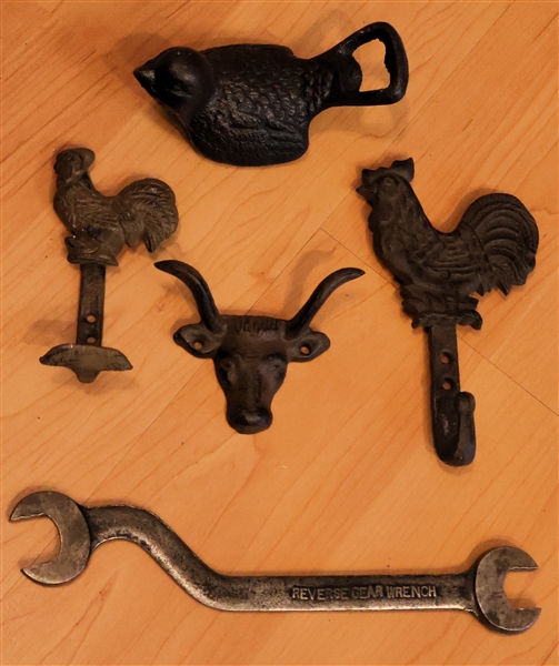3 Iron Hooks - 2 Chickens and Bull, Iron Bird Bottle Opener, and Reverse Gear Wrench